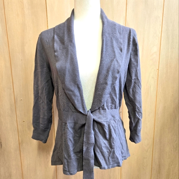NY&CO 7th Avenue Gray Long Sleeve Faux Peplum Open Front Waist Tie Cardigan L - Picture 1 of 12